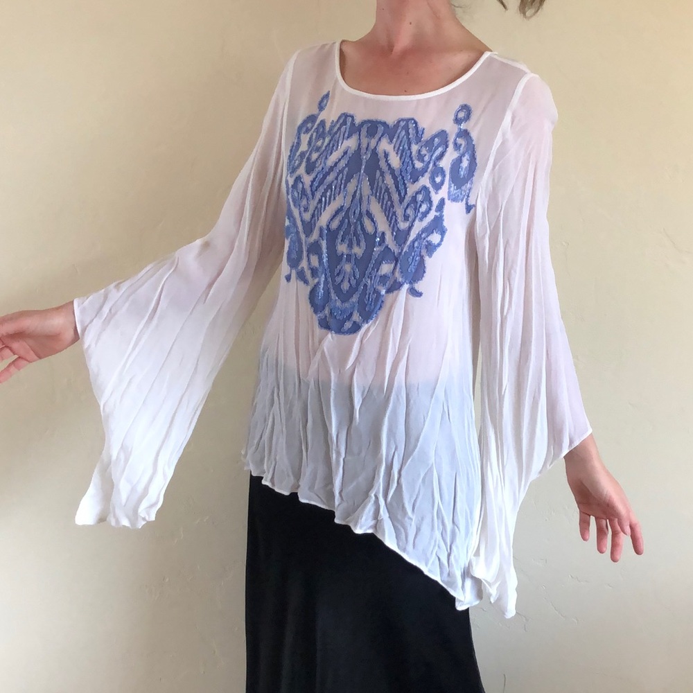 Rare Vintage rayon George beaded top with unique bell pouch hand opening sleeves